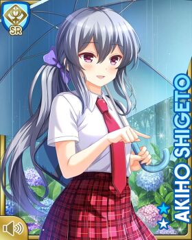 1girl :d bow breasts card_(medium) character_name day female_focus flower girlfriend_(kari) grey_hair long_hair necktie official_art open_mouth outdoors plaid_clothes plaid_skirt purple_bow qp:flapper red_neckwear red_skirt school_uniform shigeto_akiho shirt skirt smile socks standing tagme umbrella white_shirt