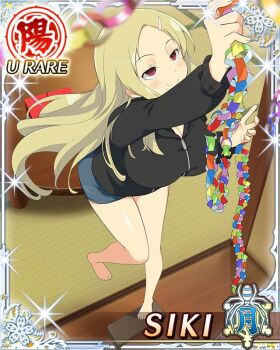 1girl arm_up barefoot black_hoodie blonde_hair border breasts card_(medium) character_name closed_mouth decorating decorations denim denim_skirt game_cg hair_ornament hairclip hood hoodie large_breasts long_hair middle_part miniskirt mole mole_under_mouth official_art on_stool parted_bangs red_eyes senran_kagura senran_kagura_new_wave shiki_(senran_kagura) skirt smile solo standing standing_on_one_leg tatami third-party_source zipper_pull_tab