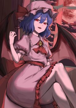 Rule 34 | 1girl, absurdres, ascot, avel799852, bat wings, brooch, commentary request, crossed legs, dress, frilled dress, frilled hat, frills, gem, hair between eyes, hand up, hat, hat ribbon, highres, indoors, jewelry, looking at viewer, mob cap, open mouth, pink dress, pink hat, purple hair, red ascot, red eyes, red gem, red ribbon, red trim, remilia scarlet, ribbon, short hair, sitting, smile, solo, touhou, waist ribbon, wind, wings