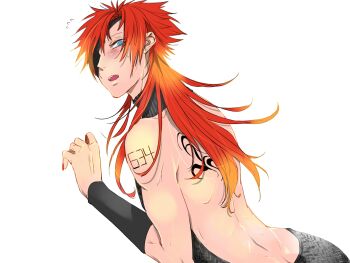 Rule 34 | 1boy, androgynous, arm tattoo, artist request, ass, back, back tattoo, blonde hair, blue eyes, blush, butt crack, eyepatch, from behind, gradient hair, headband, highres, long hair, looking at viewer, looking back, male focus, multicolored hair, musashi (nanbaka), nail polish, nanbaka, number tattoo, open mouth, orange hair, scar, simple background, solo, sweatdrop, sweater, tattoo, two-tone hair, virgin killer sweater, white background, wristband