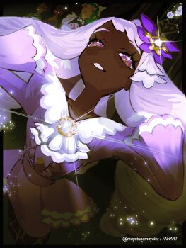 Rule 34 | 4girls, black border, border, commentary, dark-skinned female, dark skin, dress, eyelashes, gloves, glowing, grin, hands up, head back, highres, indoors, jacinthe (pokemon), lebanne (pokemon), long sleeves, looking up, mayotsunamayo, multiple girls, nintendo, pokemon, pokemon legends: z-a, purple dress, purple eyes, smile, teeth, twitter username, watermark, white gloves