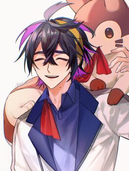 00kashian00 1boy aged_up black_hair blue_shirt closed_eyes commentary_request furret gen_2_pokemon hairband highres jacket kieran_(pokemon) male_focus mole mole_on_neck multicolored_hair nintendo on_shoulder open_mouth pokemon pokemon_(creature) pokemon_on_shoulder pokemon_sv polo_shirt purple_hair shirt smile solo twitter_username two-tone_hair upper_body white_jacket yellow_hairband