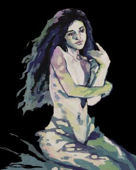 1girl absurdres black_background black_eyes black_hair commentary_request hand_on_own_arm hand_up head_tilt highres long_hair mermaid monster_girl nude original painterly red_pupils seiza simple_background sitting solo twulfs