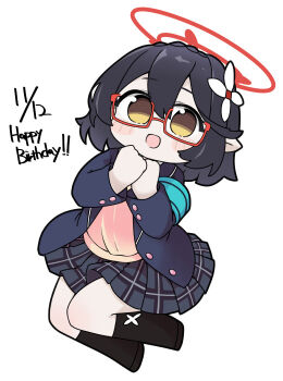 1girl :d armband ayane_(blue_archive) black_hair black_shoes black_socks blue_archive blue_jacket blush_stickers braid brown_eyes chibi dated flower full_body glasses grey_skirt hair_between_eyes hair_flower hair_ornament halo happy_birthday jacket kneehighs looking_at_viewer miranofuudoria open_clothes open_jacket open_mouth plaid_clothes plaid_skirt pleated_skirt pointy_ears red-framed_eyewear school_uniform semi-rimless_eyewear shoes simple_background skirt smile socks solo sweater_vest under-rim_eyewear white_background white_flower