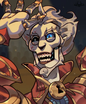 1boy absurdres animatronic arm_up arms_up beard black_eyes blue_eyes crowd dota_(series) dota_2 facial_hair geatmos grey_hair heterochromia highres horror_(theme) lock pale_skin ringmaster_(dota) solo spotlight teeth