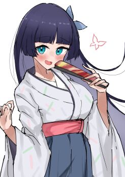Rule 34 | 1girl, :d, alternate breast size (larger), black hair, blue eyes, blue hakama, breasts, commentary, cowboy shot, folded fan, folding fan, hakama, hakama skirt, hand fan, highres, holding, holding fan, ikizulive! love live! bluebird, japanese clothes, kimono, komagata hanabi, large breasts, long hair, looking at viewer, love high school uniform, love live!, open mouth, school uniform, simple background, skirt, smile, solo, syoma (1026syoma), very long hair, white background, white kimono