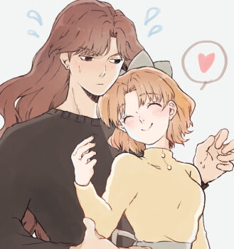 1boy 1girl bishoujo_senshi_sailor_moon black_eyes black_sweater bow breasts brown_hair closed_eyes commentary_request hair_bow heart height_difference hetero long_hair medium_breasts medium_hair nephrite_(sailor_moon) oosaka_naru smile spoken_heart sweater toco_(love-hmhm-tocotoco) turtleneck very_long_hair