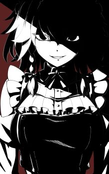 Rule 34 | 1girl, absurdres, bow, braid, braided sidelocks, commentary, dress, frilled dress, frills, greyscale, greyscale with colored background, hair bow, highres, izayoi sakuya, kikoka (mizuumi), limited palette, looking at viewer, maid, maid headdress, monochrome, red background, shaded face, short hair, slit pupils, smile, solo, touhou, twin braids, upper body