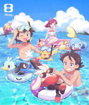 1girl 2boys ash_ketchum barefoot black_hair blue_eyes bruxish chloe_(pokemon) cloud commentary_request dated day ducklett gen_1_pokemon gen_4_pokemon gen_5_pokemon gen_7_pokemon gen_8_pokemon goh_(pokemon) green_eyes highres innertube long_hair mei_(maysroom) multiple_boys navel nintendo on_head open_mouth outdoors pikachu pokemon pokemon_(anime) pokemon_(creature) pokemon_journeys pokemon_on_head pyukumuku raboot red_hair revision riolu sitting sky snorkel sobble sunglasses swim_ring swimming swimsuit teeth tongue topless_male water yamper