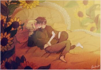 2boys barefoot basil_(faraway)_(omori) basil_(omori) black_hair black_pants black_shirt blonde_hair blush closed_eyes flower green_sweater highres kiss lying male_focus multiple_boys omori on_bed on_side pants ponytail shirt short_hair short_ponytail short_sleeves socks sunflower sunny_(omori) sweater t-shirt umilini2 white_socks yaoi