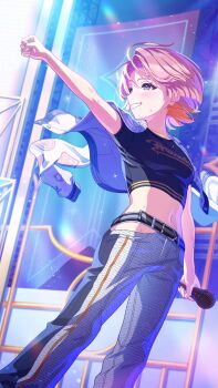 1girl arimura_mao belt brown_hair buttons campus_mode!!_(idolmaster) gakuen_idolmaster game_cg grin holding holding_microphone idol_clothes idolmaster jacket jacket_on_shoulders microphone navel official_art pants purple_eyes smile solo sparkle star_(symbol)