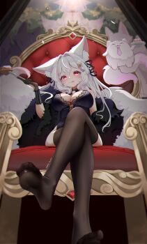 1girl :p absurdres animal_ear_fluff animal_ears artist_name black_gloves black_ribbon black_thighhighs blue_dress breasts cake cake_slice cat cat_ears cat_girl cat_hair_ornament cat_tail character_request chinese_commentary cleavage commentary copyright_request crossed_legs dress feather_boa feet fine_fabric_emphasis fluff food frilled_gauntlets from_above full_body gloves hair_ornament hair_ribbon hanhanzisamuko highres holding holding_food holding_knife indoors knife lace lace-trimmed_collar lace-trimmed_dress lace_trim large_breasts legs long_hair looking_down necktie painting_(object) picture_frame pink_eyes pink_necktie plate pointing ribbon sitting sitting_on_throne soles tail tassel thighhighs thighs toes tongue tongue_out virtual_youtuber white_hair zettai_ryouiki