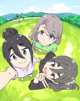 53c_(ray_cordova) 5girls :d amamiya_satsuki_(mono) arm_up black_hair black_shirt blue_eyes blue_sky character_request closed_mouth cloud commentary_request day green_scrunchie green_shirt grey_hair grey_scrunchie hair_between_eyes hair_bun hair_ornament hair_scrunchie kiriyama_an mono_(afro) mono_(little_nightmares) mountain multiple_girls open_mouth outdoors purple_eyes purple_shirt reaching reaching_towards_viewer red_eyes scrunchie selfie shikishima_sakurako shirt short_eyebrows short_sleeves side_ponytail skirt sky smile standing thick_eyebrows yellow_skirt