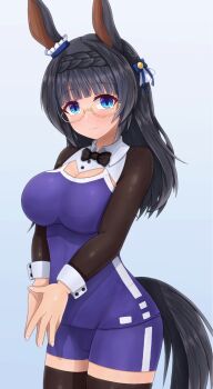 Rule 34 | 1girl, alternate costume, animal ears, black bow, black bowtie, black hair, black thighhighs, blue eyes, blue one-piece swimsuit, blush, bow, bowtie, braid, breasts, cleavage, competition school swimsuit, competition swimsuit, crown braid, ear ornament, gradient background, hair ornament, highres, horse ears, horse girl, horse tail, long hair, long sleeves, m172/minatsu, one-piece swimsuit, playboy bunny swimsuit, reverse bunnysuit, reverse outfit, school swimsuit, smile, solo, steepled fingers, swimsuit, tail, thighhighs, tracen swimsuit, umamusume, wrist cuffs, zenno rob roy (umamusume)