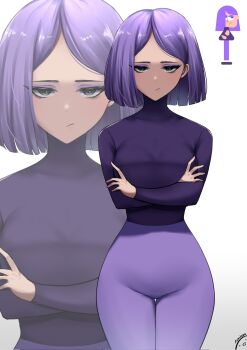 1girl :/ breasts closed_mouth crossed_arms duolingo eyeshadow highres large_breasts lily_(duolingo) lominoes looking_at_viewer makeup pants purple_eyeshadow purple_pants purple_sweater reference_inset short_hair solo sweater turtleneck turtleneck_sweater zoom_layer