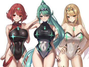 3girls absurdres alternate_costume aqua_eyes aqua_hair black_one-piece_swimsuit blonde_hair breasts chest_jewel closed_mouth commentary_request core_crystal_(xenoblade) covered_navel cowboy_shot earrings gem green_gemstone grin hakusai_(hksicabb) hand_in_own_hair hand_on_own_chest hands_on_own_hips high_ponytail highres jewelry large_breasts long_hair looking_at_viewer multiple_girls mythra_(radiant_beach)_(xenoblade) mythra_(xenoblade) official_alternate_costume one-piece_swimsuit pneuma_(xenoblade) ponytail pyra_(pro_swimmer)_(xenoblade) pyra_(xenoblade) red_eyes red_hair short_hair simple_background smile strapless strapless_one-piece_swimsuit swept_bangs swimsuit tiara very_long_hair white_background white_one-piece_swimsuit xenoblade_chronicles_(series) xenoblade_chronicles_2 yellow_eyes