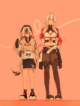 2girls animal_ears beret black_gloves black_hair blush breasts brown_jacket closed_mouth coralie_6626_planck coralie_6626_planck_(valkyrie_blastmetal) erdos_helia erdos_helia_(valkyrie_boltstorm) gloves grey_eyes grey_hair hair_intakes hat highres honkai_(series) honkai_impact_3rd jacket large_breasts long_hair long_sleeves multicolored_hair multiple_girls navel open_mouth red_gloves shorts simple_background skirt tail two-tone_hair white_hair