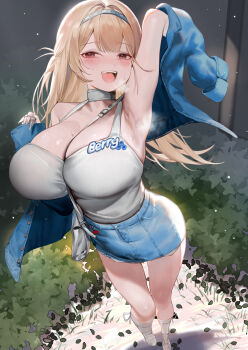 Rule 34 | 1girl, absurdres, arm up, armpits, bag, between breasts, blonde hair, blue jacket, breasts, brown eyes, bush, choker, commentary request, denim, denim skirt, goddess of victory: nikke, hairband, hanbok625, handbag, highres, huge breasts, jacket, looking at viewer, open clothes, open jacket, open mouth, outdoors, presenting armpit, shirt, skindentation, skirt, solo, strap between breasts, sweat, tank top, tia (lovely date) (nikke), tia (nikke), white choker, white shirt, white tank top