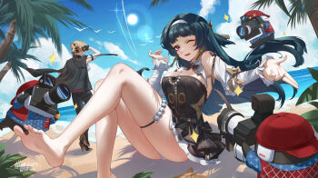 Rule 34 | 2girls, absurdres, astra yao, astra yao (chandelier), barefoot, beach, black dress, blonde hair, blunt bangs, dress, evelyn chevalier, hairband, highres, long hair, looking at viewer, motor vehicle, multiple girls, one eye closed, red eyes, soles, white hairband, yuenillus, zenless zone zero