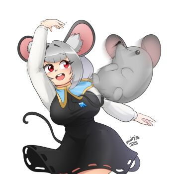 1girl animal_ear_fluff animal_ears anime_girl_throwing_things_(meme) arm_up artist_name black_dress blue_capelet breasts capelet commentary cowboy_shot dress english_commentary grey_hair highres huge_breasts jewelry long_sleeves meme mouse_(animal) mouse_ears mouse_girl mouse_tail nazrin open_mouth pendant red_eyes shirt short_hair simple_background solo tail teeth throwing touhou upper_teeth_only white_background white_shirt zedrin