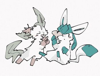 Rule 34 | animal focus, closed eyes, full body, gen 4 pokemon, glaceon, leaf tail, leafeon, nintendo, no humans, open mouth, pokemon, pokemon (creature), pokemon focus, simple background, sketch, smile, white background, white fur, zugvogel 0525