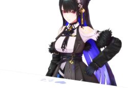 1girl 3d animated asymmetrical_horns black_coat black_hair blue_hair breast_press breasts coat fur-trimmed_coat fur_trim gloves hair_ornament hand_on_own_hip heart hololive hololive_english horns large_breasts long_hair looking_at_viewer maio_maitake mole mole_under_eye multicolored_hair necktie nerissa_ravencroft off_shoulder red_eyes repost sound table tagme two-tone_hair upper_body video virtual_youtuber white_background