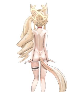 1girl absurdres animal_ears ass back bare_arms bare_back bare_legs bare_shoulders blue_archive choker cinn_angl cross_halo feet_out_of_frame fingernails flower fox_ears fox_girl fox_tail frilled_thigh_strap from_behind hair_flower hair_ornament halo highres legs loli official_alternate_hairstyle panties panty_pull pulling_own_clothes red_choker seia_(blue_archive) shoulder_blades side_ponytail simple_background solo tail thigh_gap thigh_strap thighs underwear undressing white_background white_panties yellow_halo
