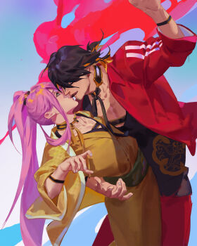 2boys arm_up black_hair blue_background collarbone commentary_request hachisuka_kotetsu height_difference hug jacket japanese_clothes kimono kiss leaning_back leaning_forward long_hair male_focus multiple_boys nagasone_kotetsu ncww_rinichi pants pink_hair red_jacket red_pants touken_ranbu very_long_hair yaoi yellow_kimono