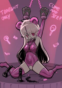 1girl absurdres anal_beads animal_ears animal_hands animeretrograde arms_up ball_gag bdsm bear_ears bear_paws bondage bound bound_wrists dildo egg_vibrator female_focus gag gag_harness gagged harness highres latex leather leotard neon_lights original pussy_cutout sex_toy solo stage vibrator vibrator_cord wiffle_gag
