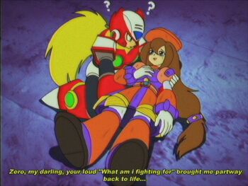 1990s_(style) 1boy 1girl ? android armor beret blonde_hair blue_eyes breasts brown_hair commentary dress english_commentary faux_retro_artstyle full_body gloves green_eyes hat helmet highres iris_(mega_man) kneeling long_hair low-tied_long_hair lueduar lying medium_breasts mega_man_(series) mega_man_x4 mega_man_x_(series) multicolored_dress ponytail red_armor red_hat red_helmet retro_artstyle robot robot_ears robot_girl shoulder_armor smile subtitled very_long_hair vhs_artifacts white_gloves zero_(mega_man)