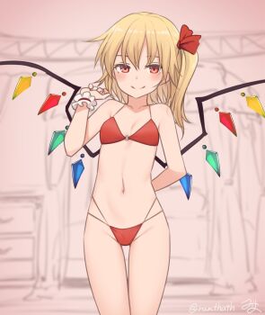1girl alternate_costume bikini blonde_hair blush breasts closed_mouth cowboy_shot crystal crystal_wings flandre_scarlet highres loli looking_at_viewer miyo_(ranthath) multicolored_wings navel one_side_up red_bikini red_eyes signature small_breasts smile solo stomach swimsuit touhou twitter_username wings wrist_cuffs