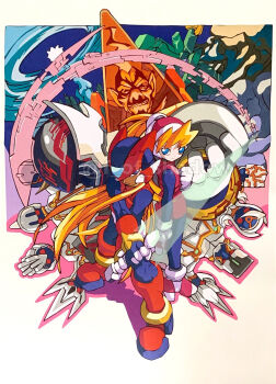 1girl 6+boys android armor black_bodysuit black_eyes blazin&#039;_flizard_(mega_man) blonde_hair blue_eyes bodysuit bodysuit_under_clothes childre_inarabitta_(mega_man) ciel_(mega_man) cubit_foxtar_(mega_man) deathtanz_mantisk_(mega_man) digital_dissolve dr._weil_(mega_man) energy_sword f_of_shadow full_body glacier_le_cactank_(mega_man) hellbat_schilt_(mega_man) helmet high_ponytail highres holding holding_sword holding_weapon long_hair looking_at_viewer machinery mega_man_(series) mega_man_zero_(series) mega_man_zero_3 monster multiple_boys official_art omega_(mega_man) paper_cutout_(medium) papercraft_(medium) pink_shirt pink_skirt ponytail power_armor red_armor red_helmet see-through_clothes shirt skirt spikes standing sword transparent tretista_kelverian_(mega_man) twitter_username unconventional_media volteel_biblio_(mega_man) watermark weapon z_saber zero(z)_(mega_man) zero_(mega_man)