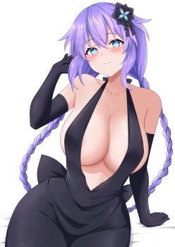 1girl absurdres alternate_costume areola_slip arm_support blue_eyes blush braid breasts cleavage curvy dress gloves highres legs long_hair looking_at_viewer neptune_(series) no_bra purple_hair purple_heart_(neptunia) sideboob sitting smile solo thighs twin_braids very_long_hair