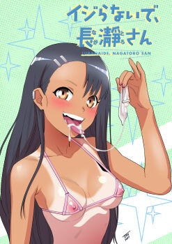 1girl absurdres aftersex bikini black_hair blush breasts brown_eyes condom cum cum_in_mouth cum_on_tongue cum_string drinking_from_condom earclip female_focus hair_ornament hairclip highres holding holding_condom ijiranaide_nagatoro-san micro_bikini nagatoro_hayase nail_polish nippleless_clothes nipples open_clothes red_nails small_breasts solo sparkle_background strap_gap string_bikini swimsuit tan tanline tekuho_no_habo tongue tongue_out untied_bikini