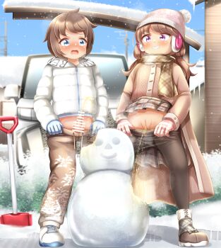 1boy 1girl bar_censor beanie black_pantyhose blue_eyes blue_gloves blush boots brown_boots brown_cardigan brown_hair brown_pants brown_scarf bush car cardigan censored clothes_lift clothes_pull clothes_writing cloud coat earrings erection fang flat_chest footprints gloves grey_skirt grin hat house icicle jewelry loli long_hair long_sleeves looking_down low_twintails motor_vehicle open_mouth original pants pants_pull pantyhose pantyhose_pull peeing peeing_together penis pink_eyes pink_gloves pink_hat plaid_clothes plaid_scarf plaid_skirt plant_print pole polka_dot_headwear pom_pom_(clothes) print_pants pussy renati_(renatium) scarf shoes short_hair shota shovel skirt skirt_lift sky small_penis smile sneakers snow snowing snowman standing steam striped_clothes striped_gloves teeth testicles twintails white_coat white_shoes winter