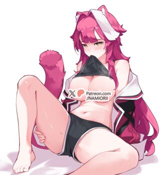 1girl animal_ears barefoot black_shorts black_tank_top breasts censored center-flap_bangs cleavage closed_mouth clothes_in_mouth clothes_lift double-parted_bangs feet highres hololive hololive_english jacket knee_up large_breasts long_hair looking_at_viewer mouth_hold multicolored_hair namiorii navel no_bra off_shoulder panther_ears panther_girl panther_tail pink_hair pink_jacket raora_panthera shirt_in_mouth shorts sidelocks simple_background sitting solo stomach streaked_hair tail tank_top toes very_long_hair virtual_youtuber white_background white_streaks yellow_eyes