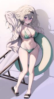 1girl aqua_bikini beach_chair bikini black_hairband black_shoes blush breasts cleavage closed_mouth firefly_(honkai:_star_rail) gradient_eyes grey_hair hair_between_eyes hair_intakes hairband hand_in_own_hair holding_tube honkai:_star_rail honkai_(series) kiro_(kirotayu) large_breasts long_hair multicolored_eyes open_clothes open_shirt shirt shoes simple_background slippers smile solo string_bikini swimsuit tube white_background white_shirt