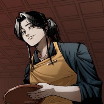 Rule 34 | 1boy, absurdres, apron, artist request, black eyes, black hair, black robe, character name, from below, hair bun, highres, holding, holding plate, long sidelocks, male focus, name tag, plate, robe, shadow slave, sidelocks, smile, solo, sunny (shadow slave), yellow apron