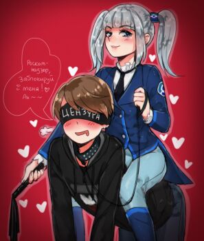 Rule 34 | 1boy, 1girl, all fours, artist request, black necktie, black shirt, blue boots, blue eyes, blue jacket, blue pants, blunt bangs, blush, boots, breasts, brown hair, buttons, covered eyes, cube hair ornament, cyrillic, double-breasted, drooling, formal clothes, grin, hair ornament, holding, holding leash, jacket, leash, long hair, long sleeves, looking at viewer, necktie, original, pants, parted lips, personification, riding person, rkn-chan, roskomnadzor, russian text, saliva, shirt, short hair, sitting on another's back, small breasts, smile, translation request, twintails, white hair, white shirt