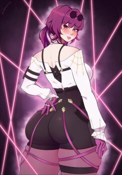 Rule 34 | 1girl, absurdres, ass, breasts, commentary, english commentary, eyewear on head, fraankyy, from behind, gloves, gold, hand on own hip, high-waist shorts, highres, honkai: star rail, honkai (series), kafka (honkai: star rail), large breasts, looking at viewer, looking back, pantyhose, pantyhose under shorts, patreon username, ponytail, purple eyes, purple hair, shirt, shorts, smile, solo, strap, thick thighs, thigh strap, thighs, wide hips