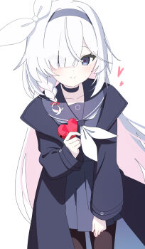 Rule 34 | 1girl, black choker, black coat, black eyes, black hairband, black sailor collar, black serafuku, black shirt, black skirt, blue archive, box, choker, closed mouth, coat, colored inner hair, foulo paints, gift, gift box, hair over one eye, hairband, halo, heart, heart-shaped box, heart-shaped pupils, heart halo, highres, holding, holding gift, incoming gift, long hair, long sleeves, looking at viewer, multicolored hair, neckerchief, one eye covered, open clothes, open coat, pink hair, plana (blue archive), pleated skirt, red pupils, sailor collar, school uniform, serafuku, shirt, simple background, skirt, solo, symbol-shaped pupils, valentine, very long hair, white background, white hair, white neckerchief