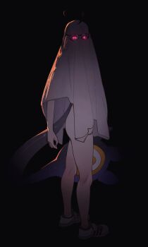 1girl absurdres ahoge ass bed_sheet black_background commentary english_commentary full_body ghost_costume gigi_murin glasses glowing glowing_eyes highres hololive hololive_english looking_at_viewer mr_thecatman naked_costume naked_sheet pink_eyes sheet_ghost shoes simple_background solo standing tail virtual_youtuber white_shoes