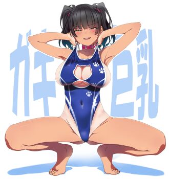 1girl absurdres armpits arms_up bare_legs black_hair blue_one-piece_swimsuit blush breasts cleavage cleavage_cutout clothes_pull clothing_cutout collar collarbone covered_navel half-closed_eyes highres large_breasts long_hair looking_at_viewer one-piece_swimsuit one-piece_swimsuit_pull one-piece_tan open_mouth original shinomu_(cinomoon) sideboob simple_background smile solo spread_legs squatting swimsuit tan tanline teeth text_background two_side_up upper_teeth_only white_background