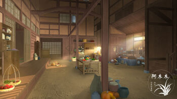 3d artist_logo basket door food fruit highres indoors logo no_humans original pumpkin sack scenery shelf shouji sliding_doors stairs table vegetable window xingzhi_lv