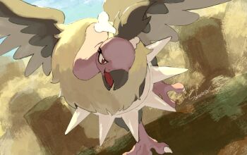 beak bird bone gen_5_pokemon hashtag-only_commentary highres mandibuzz nintendo no_humans pokemon pokemon_(creature) pokemon_focus red_eyes sakuraiisui standing standing_on_one_leg talons vulture wings