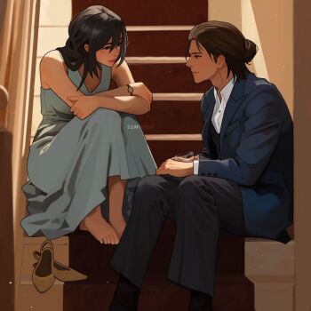 1boy 1girl artist_name barefoot black_hair black_pants black_socks blue_dress blue_jacket brown_hair collared_shirt commentary couple crossed_arms cup dress eren_yeager facial_scar hair_between_eyes hair_bun hetero highres holding holding_cup hugging_own_legs jacket long_dress long_hair looking_at_another looking_at_viewer medium_hair mikasa_ackerman pants scar scar_on_cheek scar_on_face shingeki_no_kyojin shirt shoes sitting sleeveless sleeveless_dress socks stairs suit_jacket sumiensp sundress symbol-only_commentary unworn_shoes updo watch white_shirt wristwatch