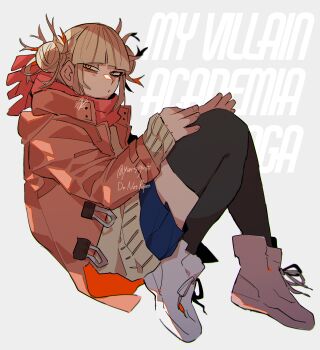 1girl azisaiharumaki56 bags_under_eyes black_thighhighs blonde_hair blue_skirt boku_no_hero_academia coat commentary_request copyright_name double_bun hair_bun highres long_sleeves looking_at_viewer parted_lips pink_coat pink_scarf pleated_skirt scarf shoes skirt solo sweater thighhighs toga_himiko white_shoes yellow_eyes