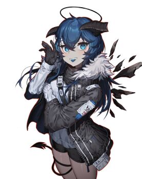 1girl arknights black_gloves black_halo black_jacket blue_eyes blue_hair blue_tongue colored_tongue commentary demon_horns demon_tail detached_wings english_commentary gloves halo highres horns jacket looking_at_viewer mostima_(arknights) mwomwomwo short_shorts shorts simple_background solo tail tongue tongue_out white_background wings