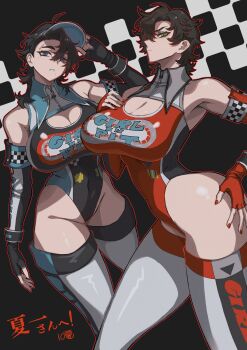 10den 2girls ahoge aqua_nails armpits ass bare_shoulders black_hair blue_eyes breasts cleavage_cutout clothing_cutout commentary elbow_gloves fingerless_gloves gloves green_eyes hand_on_own_ass hand_on_own_chest highres huge_ass huge_breasts looking_at_viewer medium_hair multiple_girls nail_polish original race_queen red_nails short_hair thighhighs visor_cap