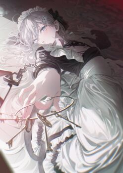 1girl apron blush commentary_request heterochromia highres long_hair looking_at_viewer maid maid_apron maid_headdress shibou_yuugi_de_meshi_o_kuu solo umibouzu_(niito) very_long_hair white_hair yuuki_(shibou_yuugi)